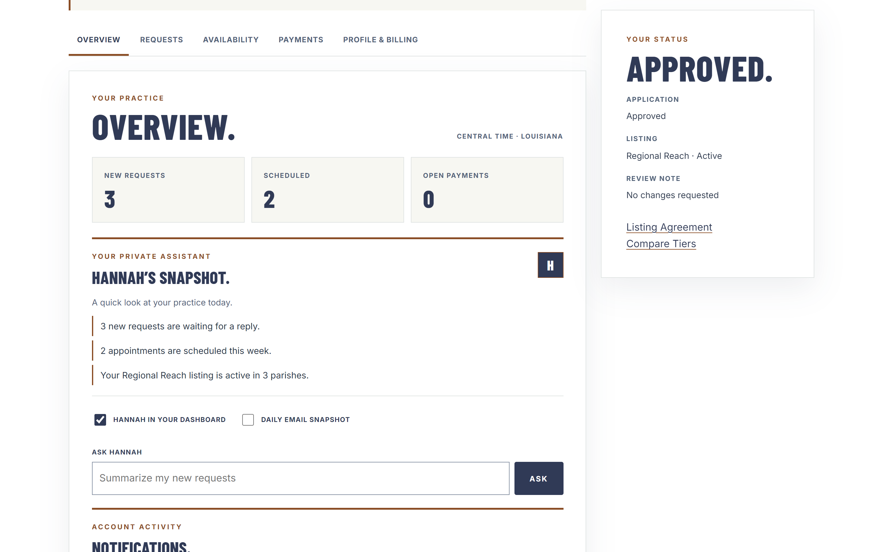 Illustrative desktop Notary Dashboard overview showing request and appointment counts and Hannah's Snapshot