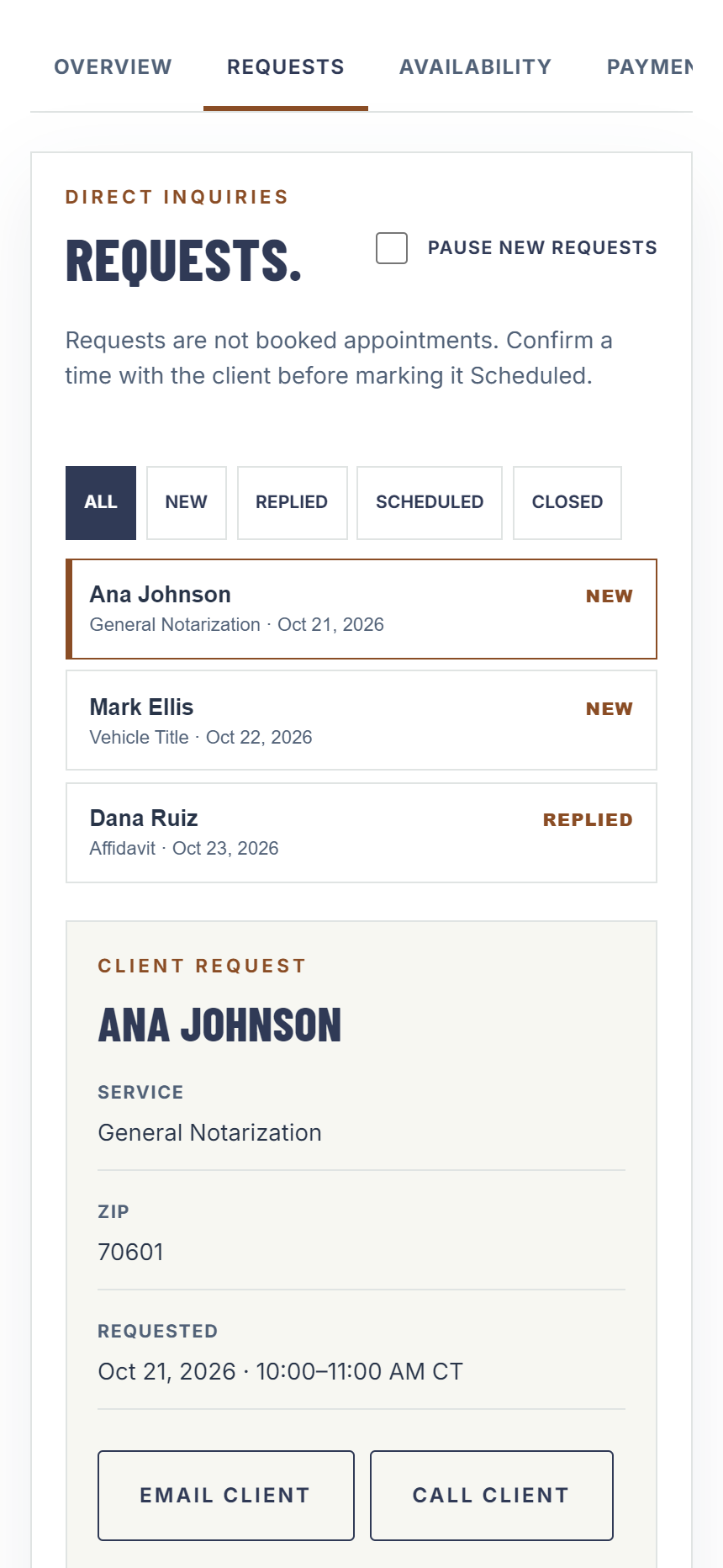 Illustrative mobile Notary Dashboard view showing a request list and request details